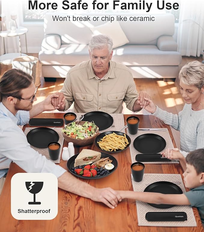 24 Piece Plates and Bowls Sets for 6, Unbreakable Dinnerware Sets, Plastic Dish Set for Camping, Dishwasher Microwave Safe, Outdoor Kitchen and Apartment Dinning RV Essentials, Black