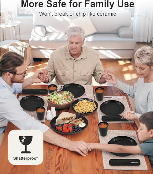 24 Piece Plates and Bowls Sets for 6, Unbreakable Dinnerware Sets, Plastic Dish Set for Camping, Dishwasher Microwave Safe, Outdoor Kitchen and Apartment Dinning RV Essentials, Black